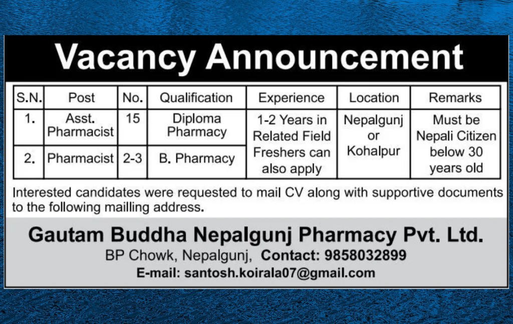 Vacancy Announcement Pharmacist and Assistant Pharmacist