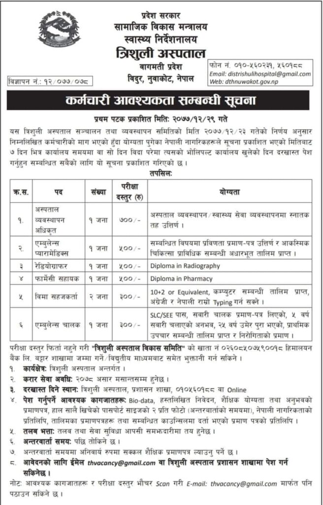 Vacancy Announcement for Pharmacy Assistant Trishuli Hospital