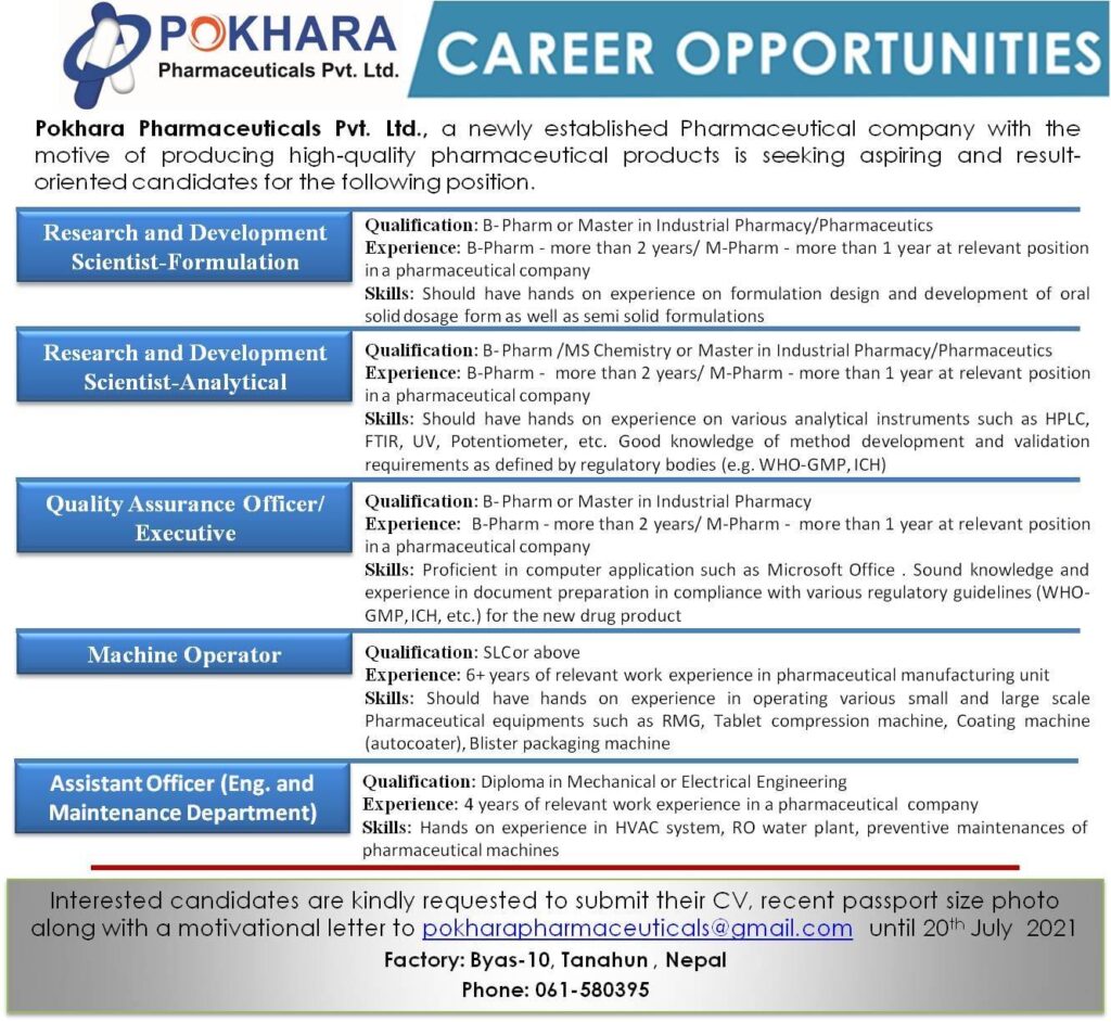 Vacancy Announcement for Pharmacist Various Pharmaceutical Industry 