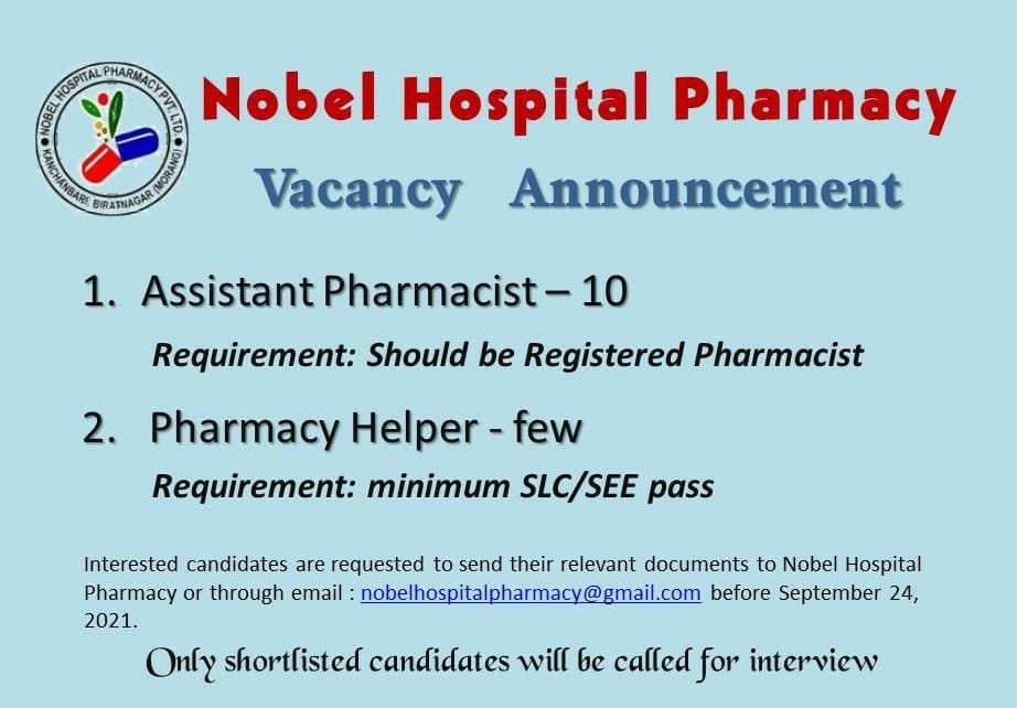 Vacancy Announcement Assistant Pharmacist at Nobel Hospital Pharmacy 