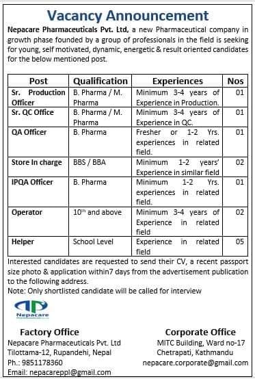 Vacancy Announcement for Pharmacist Various Pharmaceutical Industry