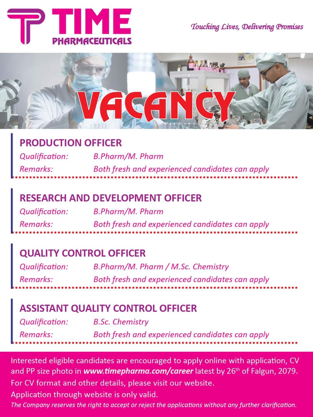 Vacancy Announcement for Pharmacist at Time Pharmaceuticals