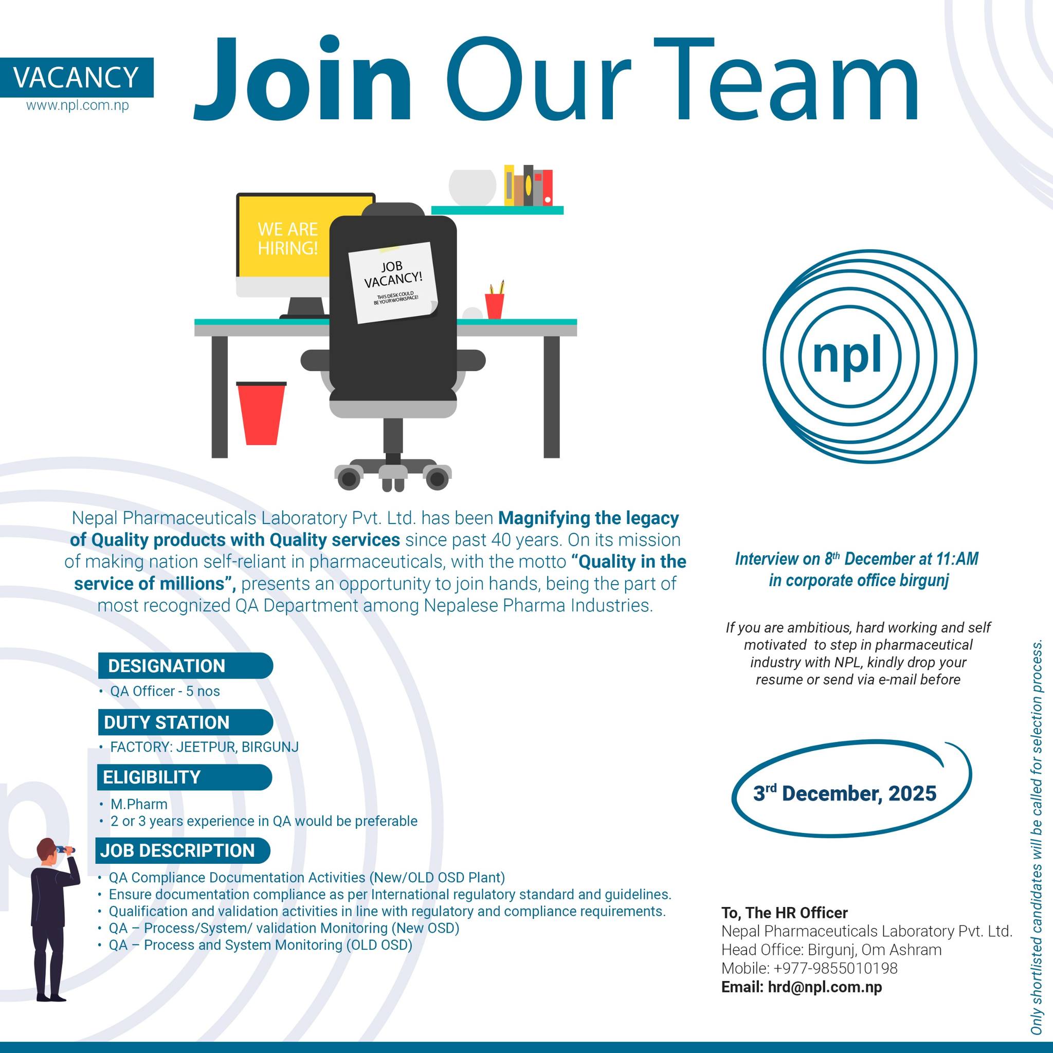 Vacancy Announcement QA Officers Nepal Pharmaceuticals Laboratory 