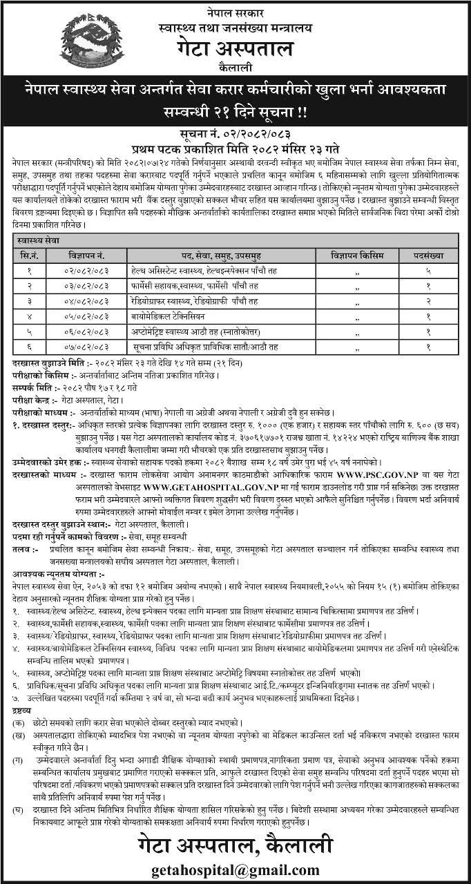 Vacancy Announcement Pharmacy Assistant at Geta Hospital