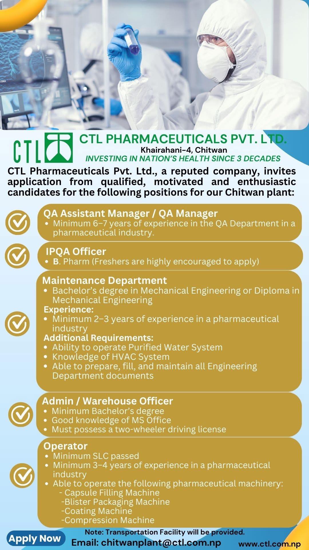 Job Vacancy Announcements CTL Pharmaceuticals & Divine Healthcare Pvt Ltd
