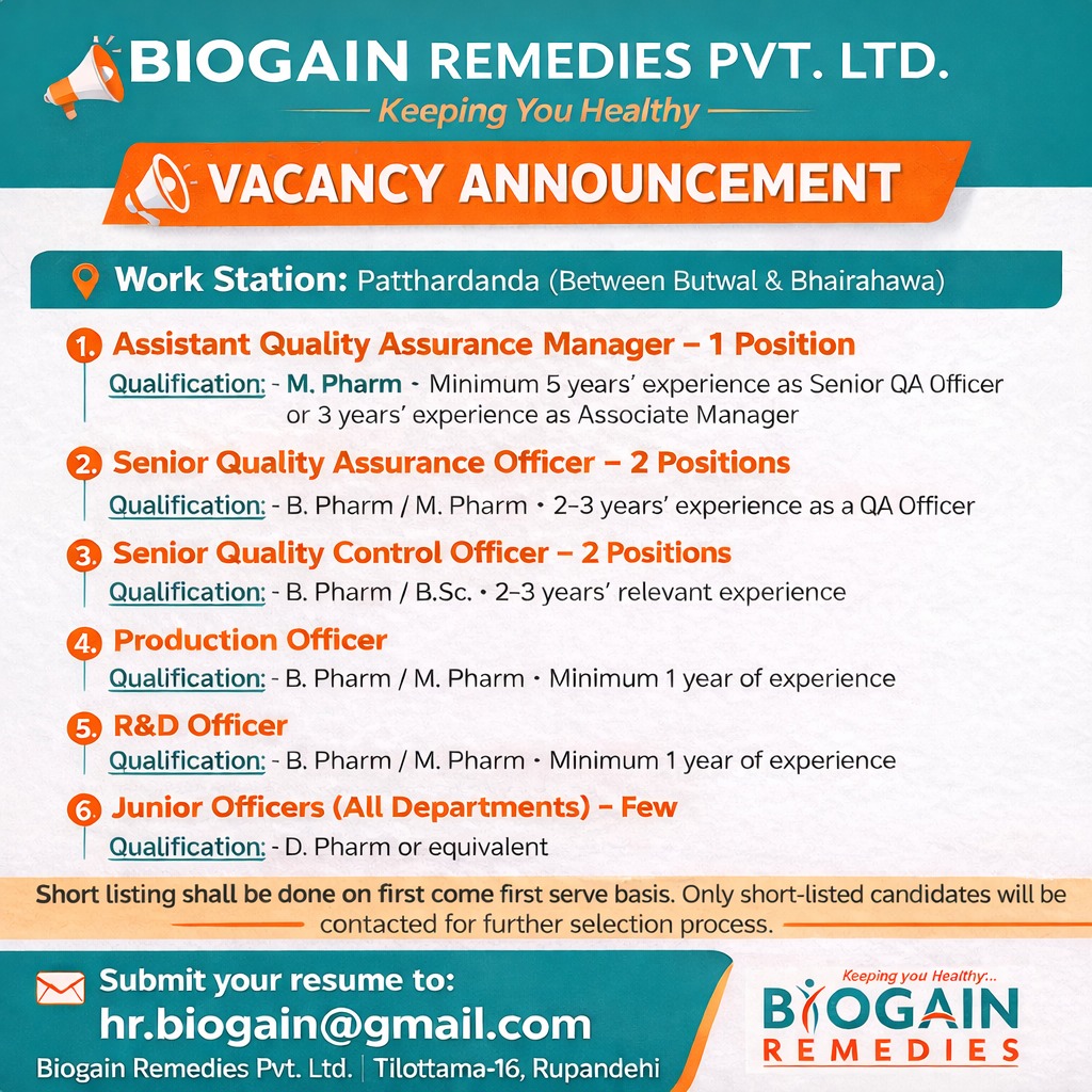Vacancy Announcement for Pharmacists Biogain Remedies Pvt Ltd
