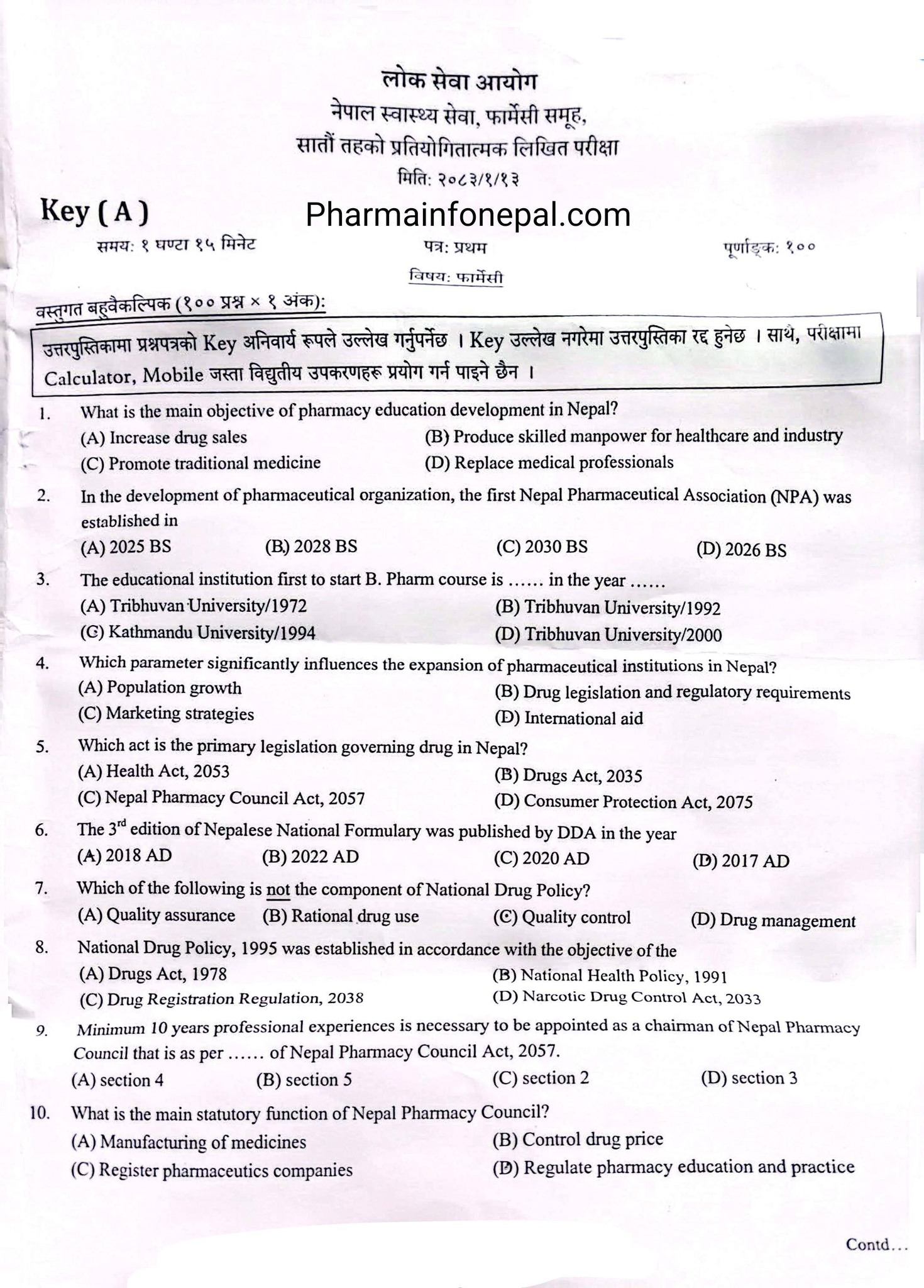 Pharmacy Officer Loksewa Question Paper – Central Loksewa 2083
