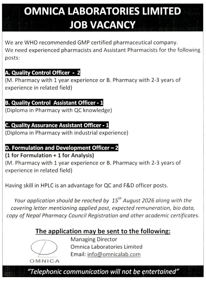 Vacancy Announcement for Pharmacist Pharmaceutical Industry